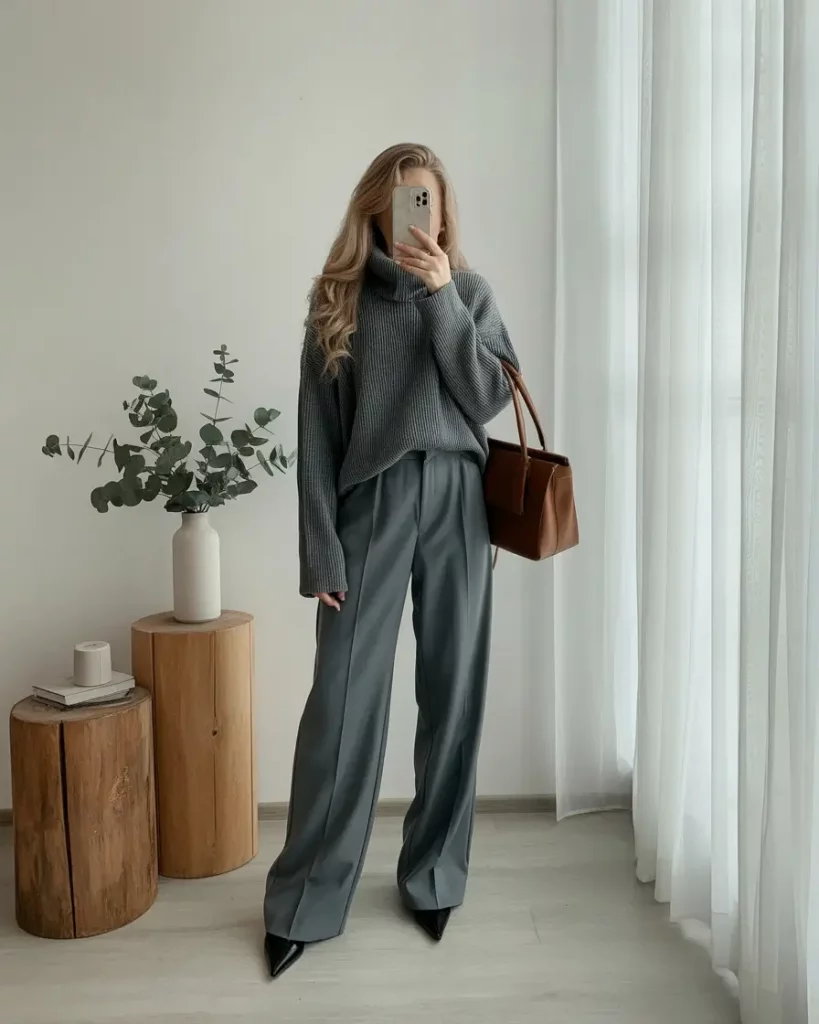 Tailored trousers with ribbed turtleneck sweater