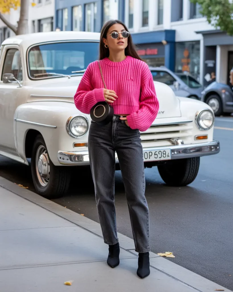 Hot pink cropped sweater with charcoal jeans
