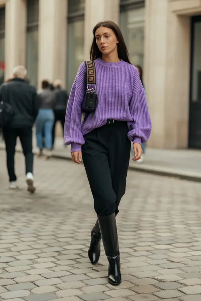 Lavender sweater with black pants and boots