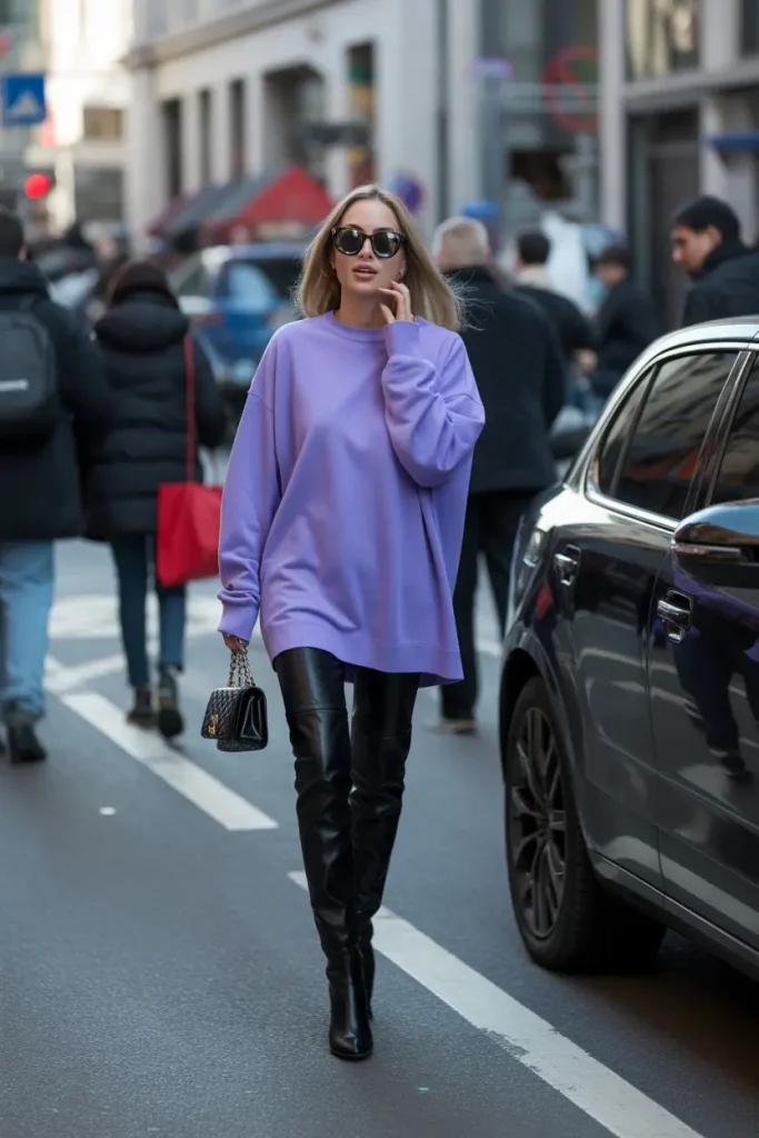 Oversized lavender sweater with leather boots