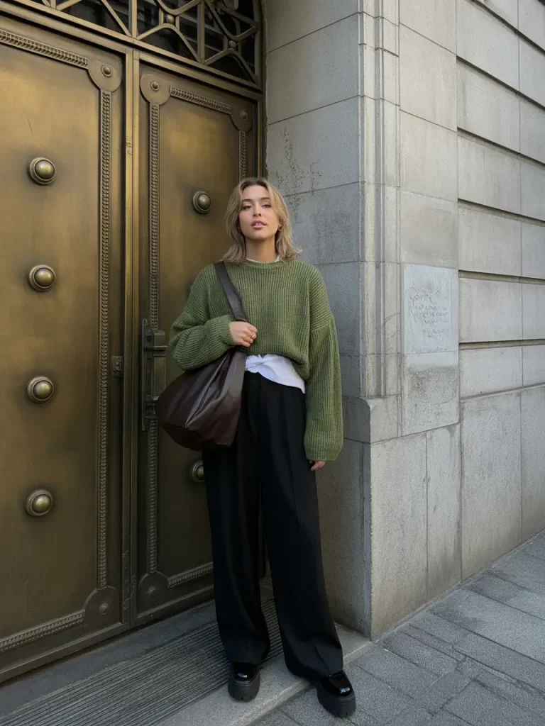Olive sweater layered over white shirt with black jeans