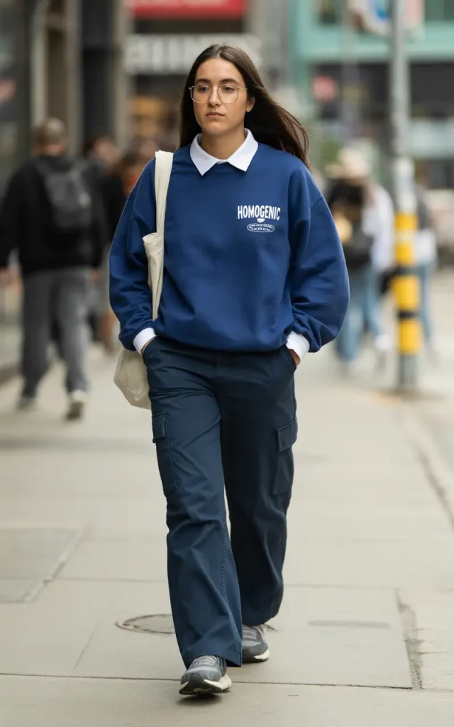 Sporty navy knit with cargo jeans