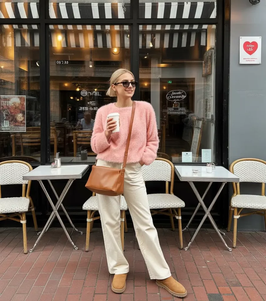 Soft pink sweater with ivory trousers