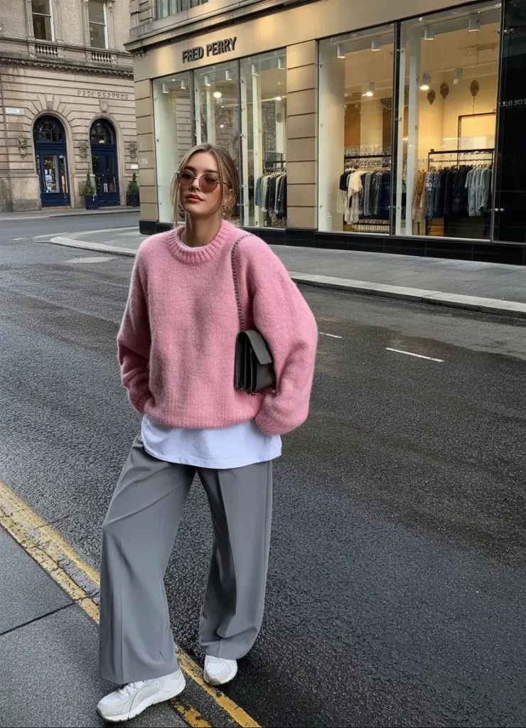Light pink sweater with gray trousers