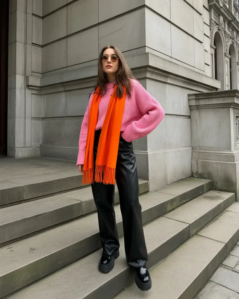 Bold pink cropped sweater with leather pants