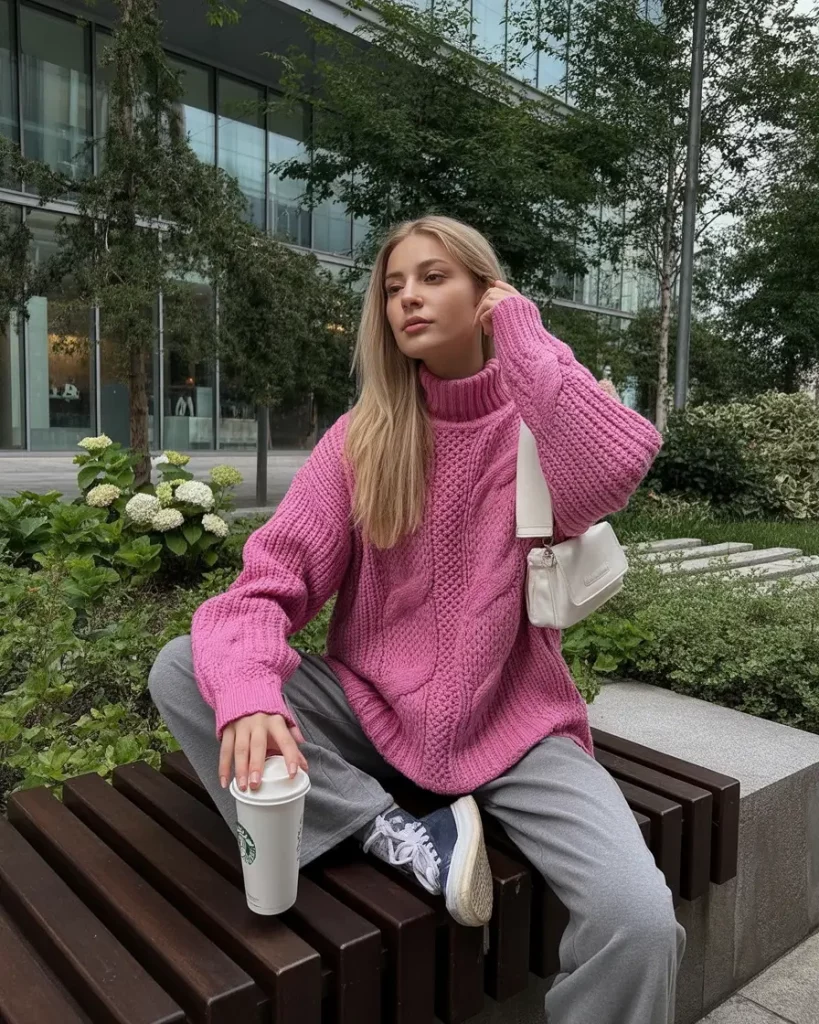 Oversized cable knit with joggers and sneakers