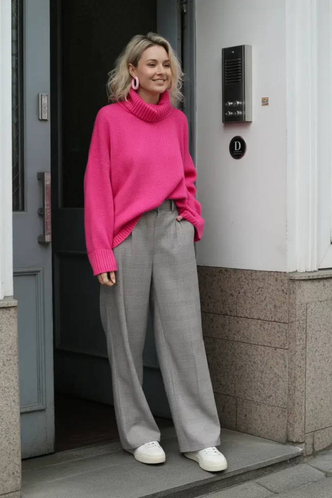 Bright pink sweater with gray plaid trousers