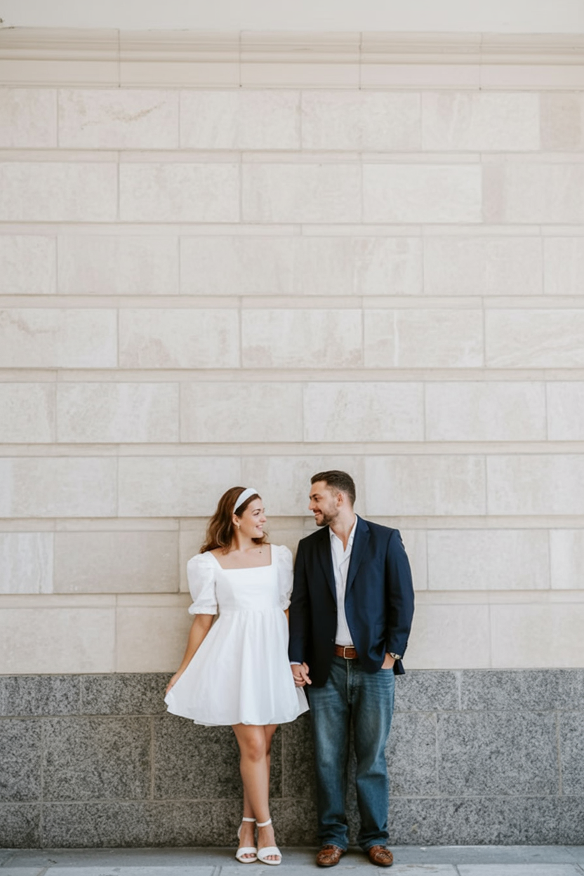 Short white dress perfect for city engagement photos