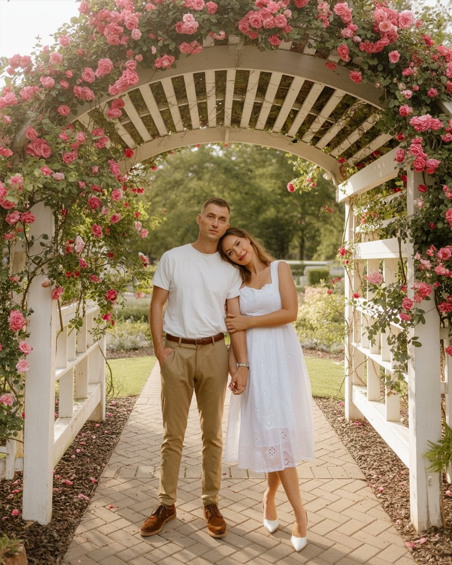 Delicate white dress in rose garden