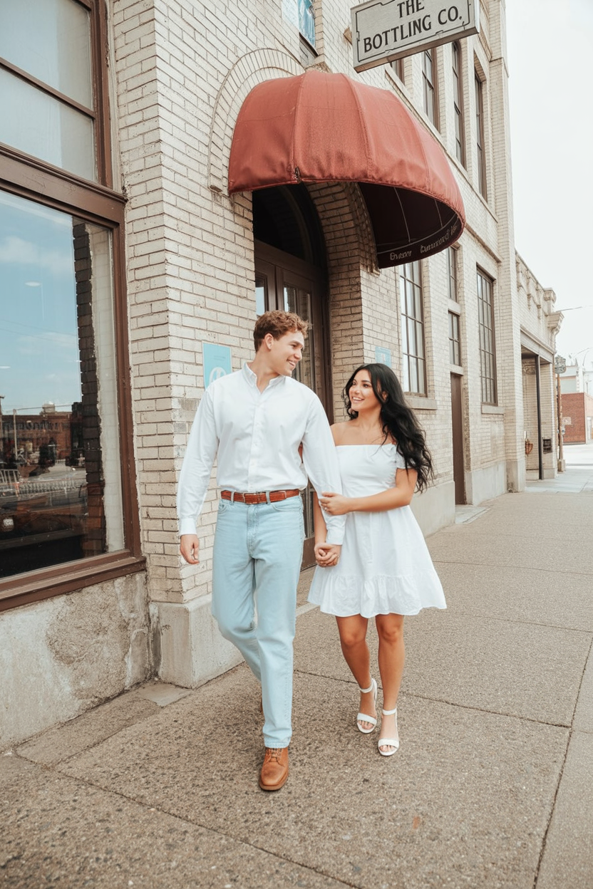 Short white dress with light denim neutrals