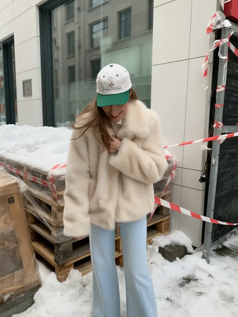 Faux fur jacket with flared denim