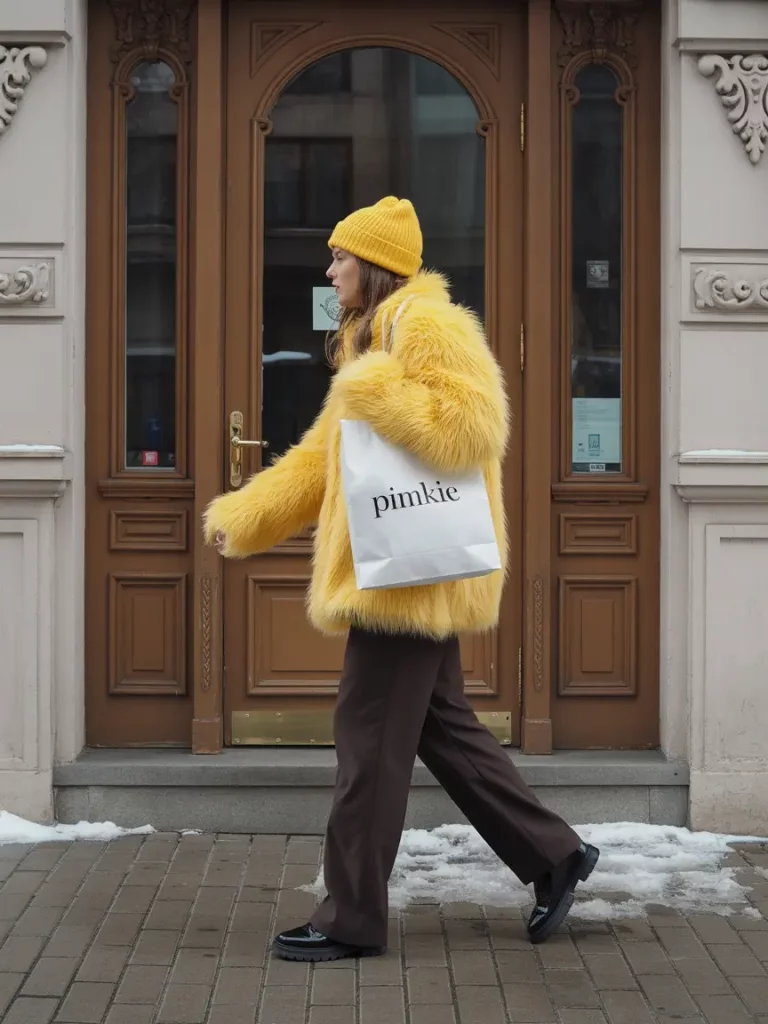 Yellow faux fur jacket with brown trousers