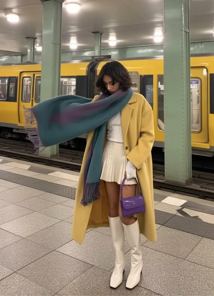 Yellow coat with white outfit and purple handbag