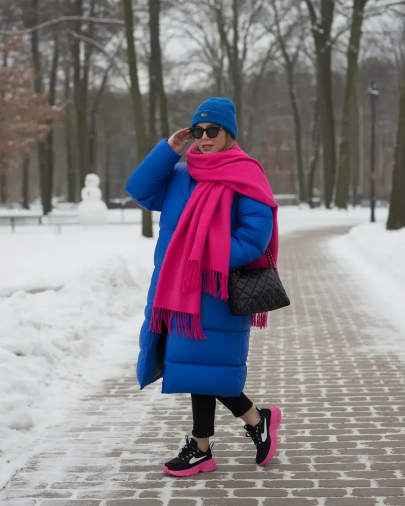 Bright blue puffer with pink accessories