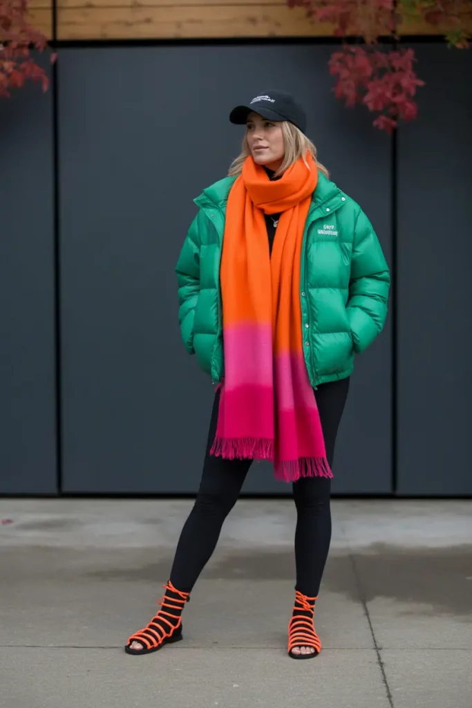 Green puffer with gradient scarf