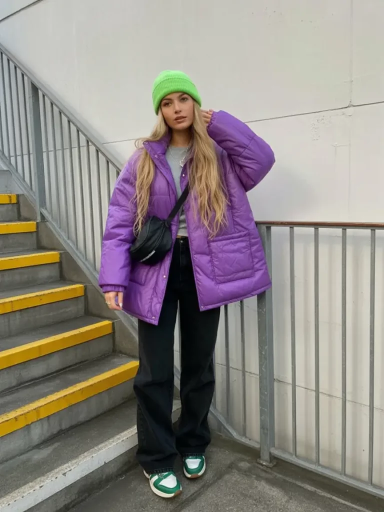 Purple puffer with neon beanie