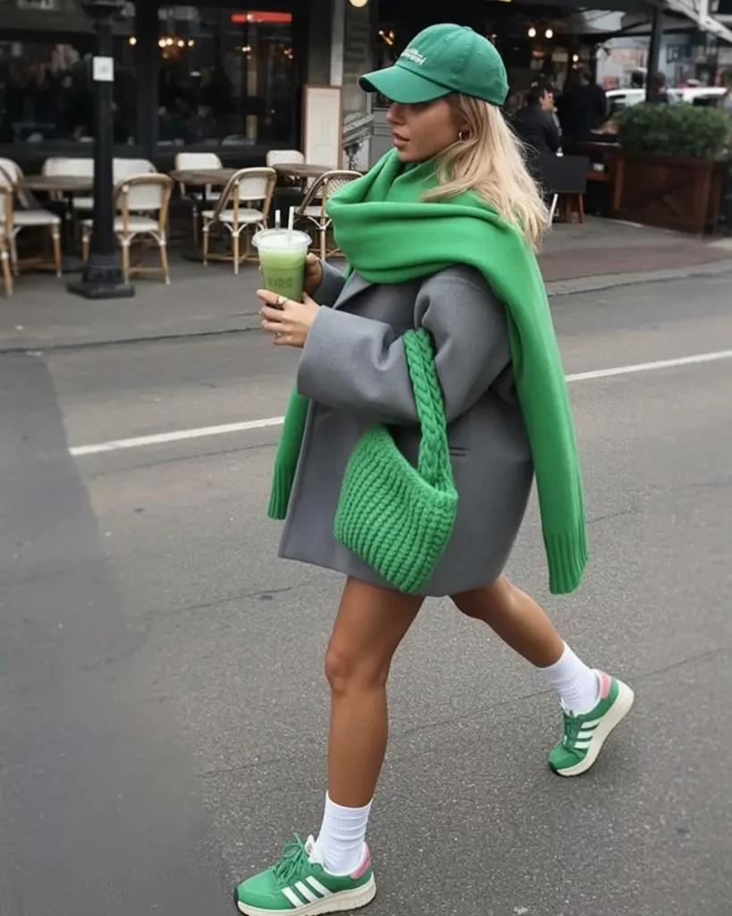 Grey coat with green accessories