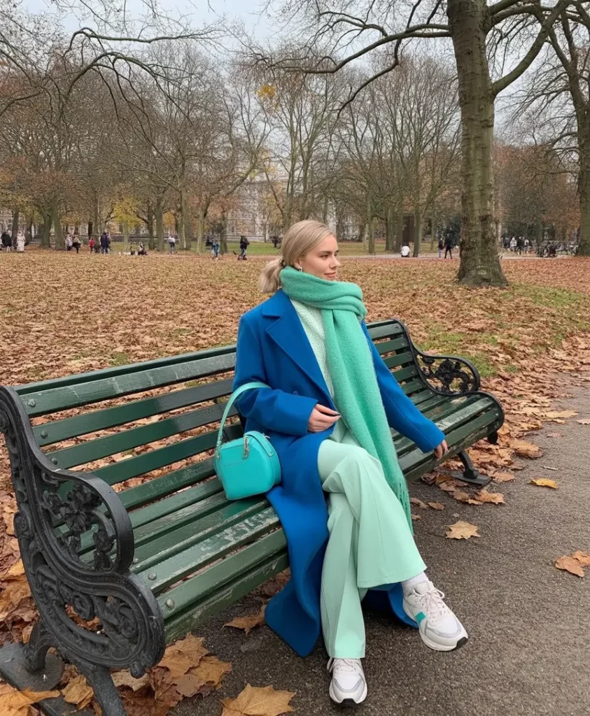 Cobalt coat with mint trousers