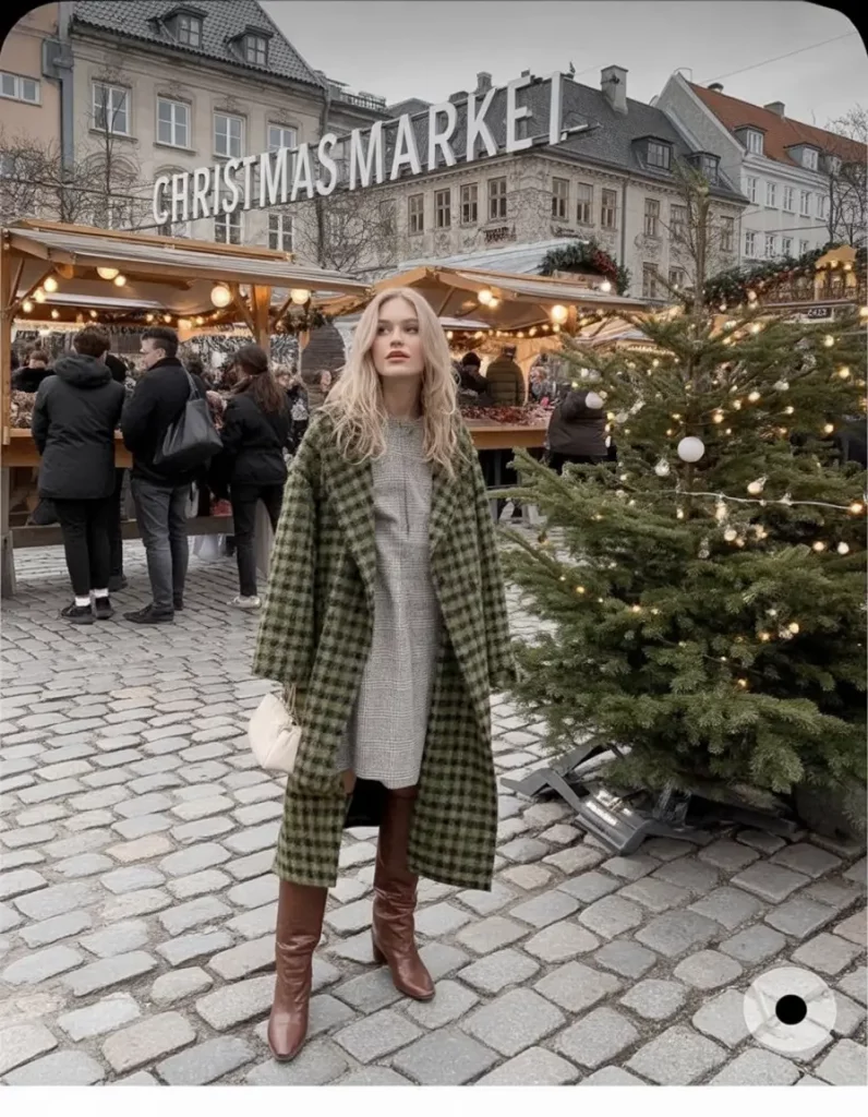 Winter market outfit featuring sweater dress and coat