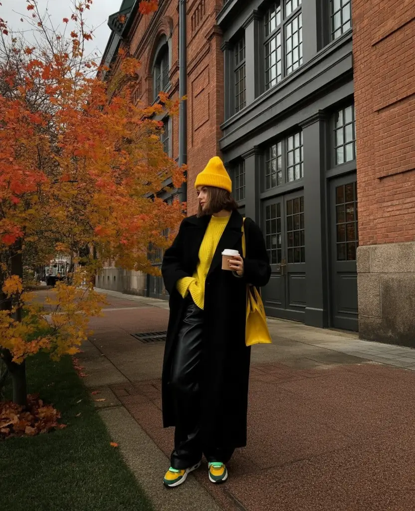Black coat with yellow accents