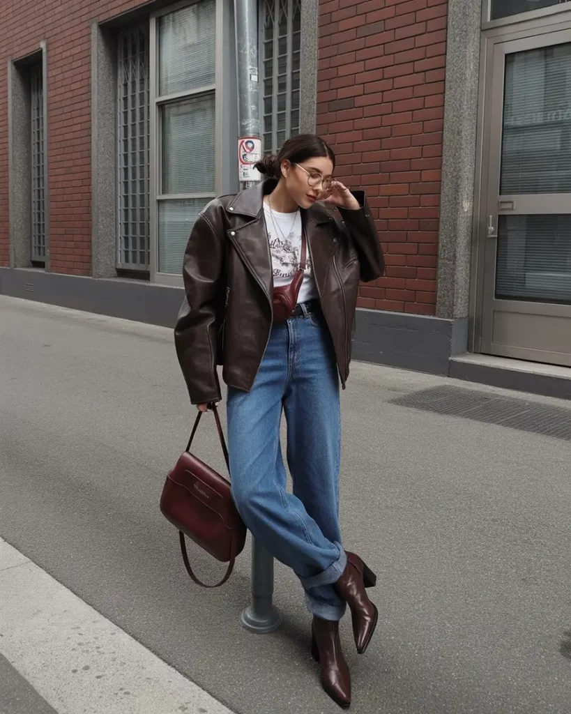 Leather jacket and relaxed denim outfit