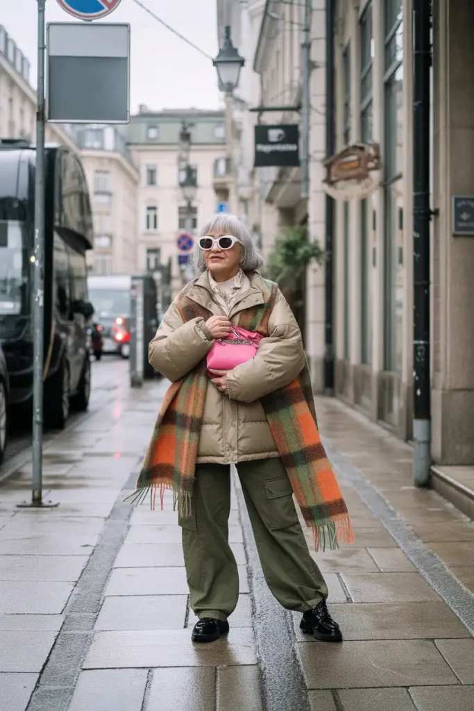 Beige jacket and olive pants with plaid scarf