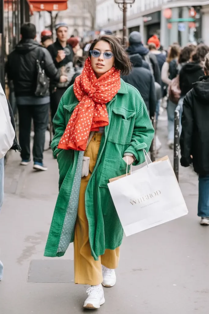 Color-blocked green coat and mustard pants