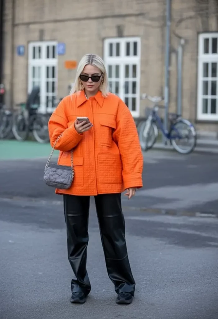 Orange jacket with leather pants