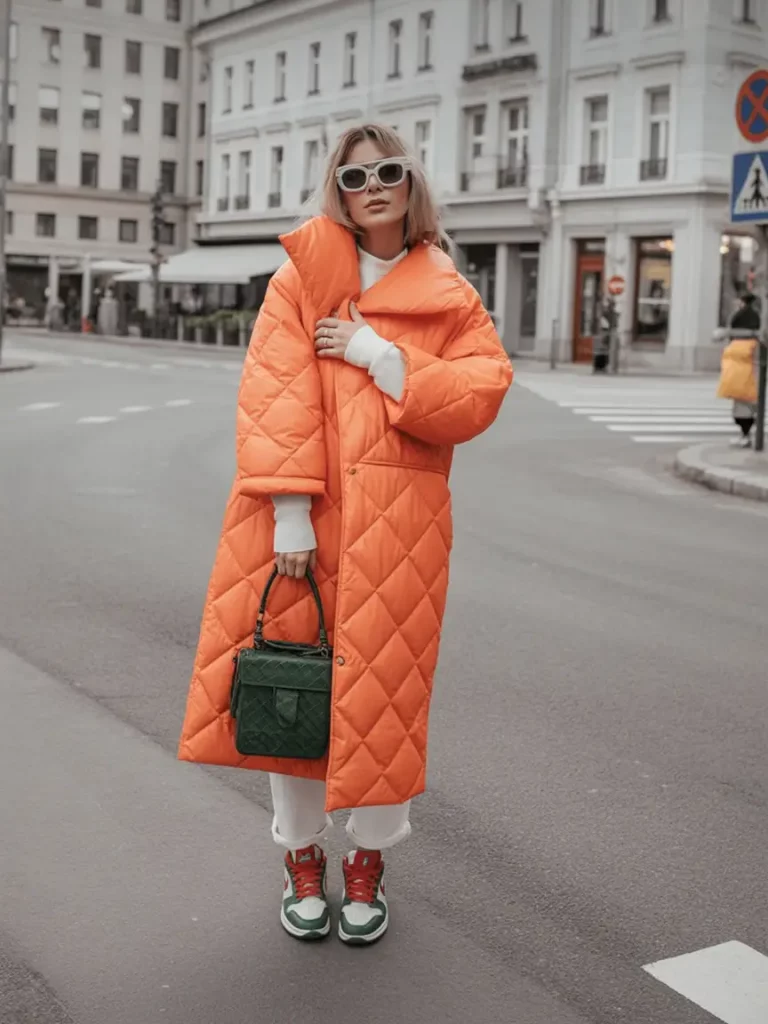 Orange quilted coat with sneakers