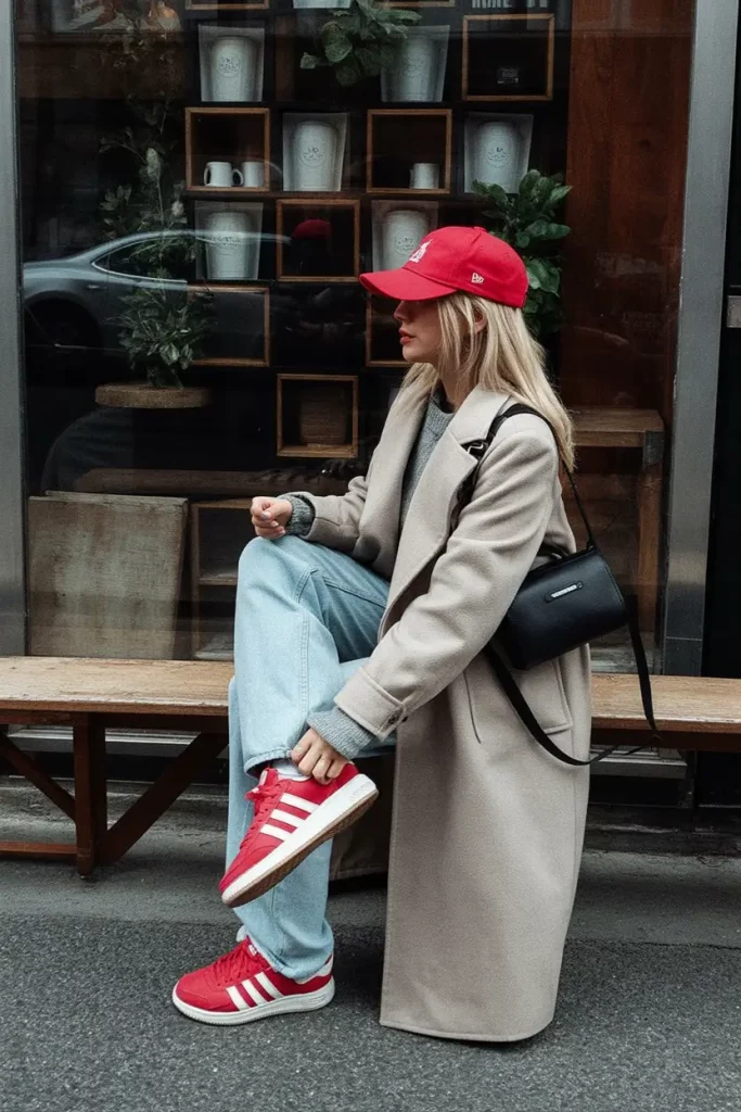 Neutral beige coat with red accents