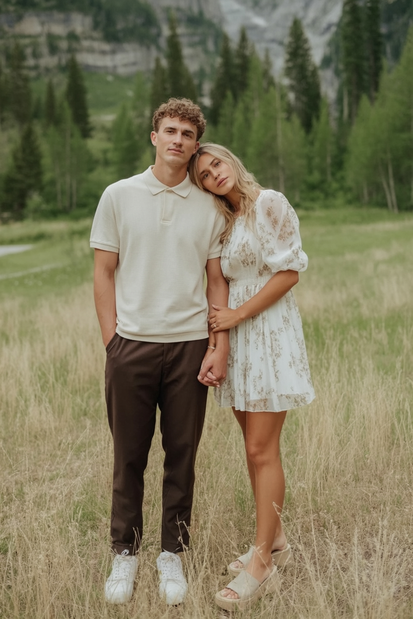 Neutral toned country-inspired engagement outfit