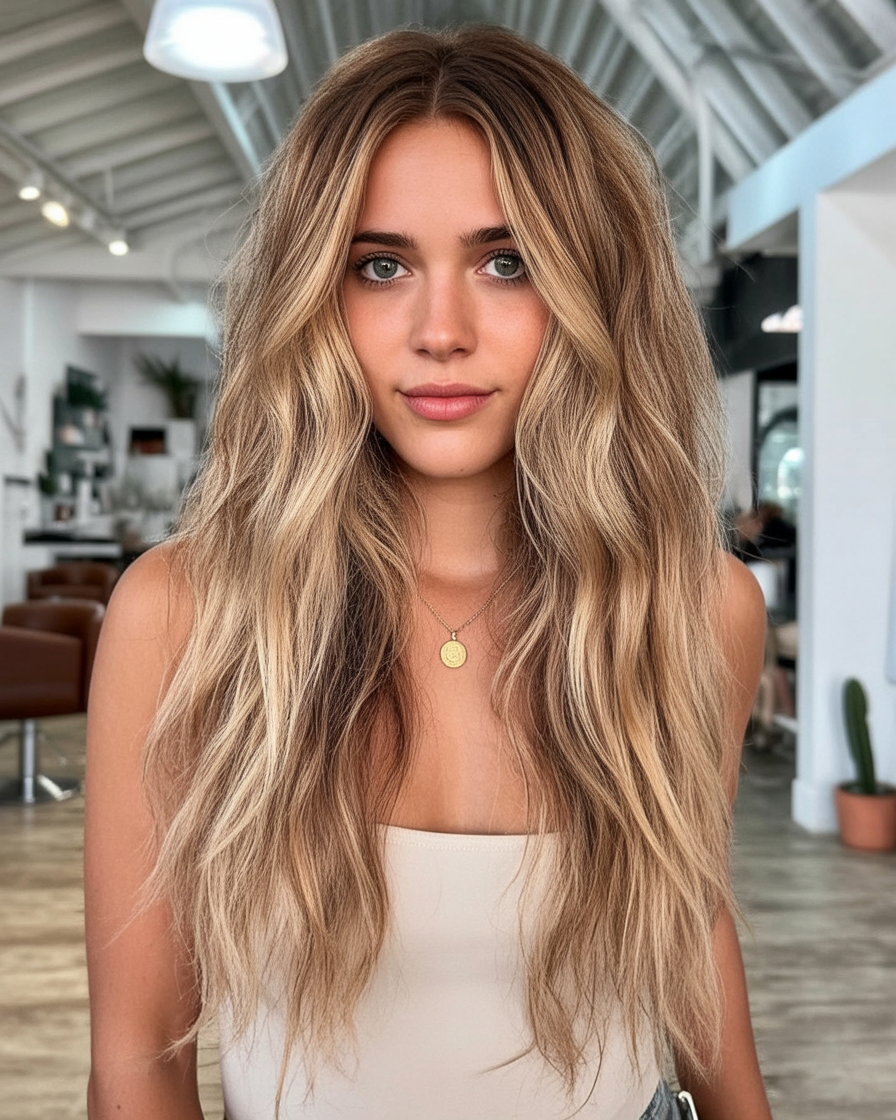 Dirty blonde long waves with natural highlights