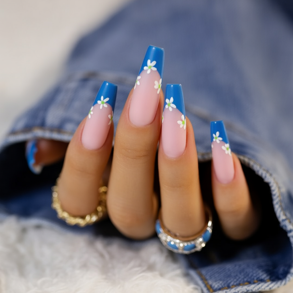 Cobalt Daisy French Manicure