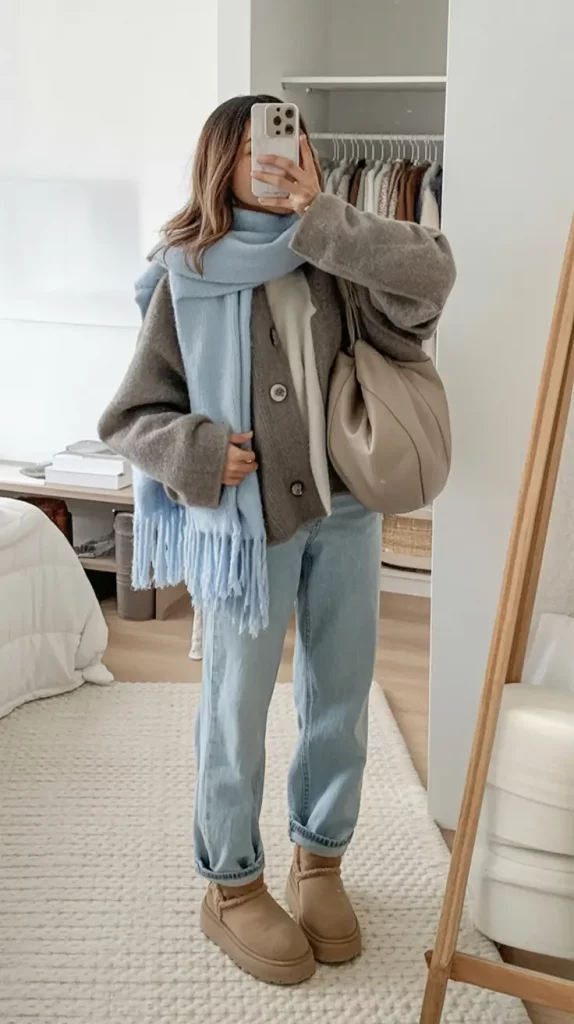 Soft neutrals winter outfit with Ugg boots