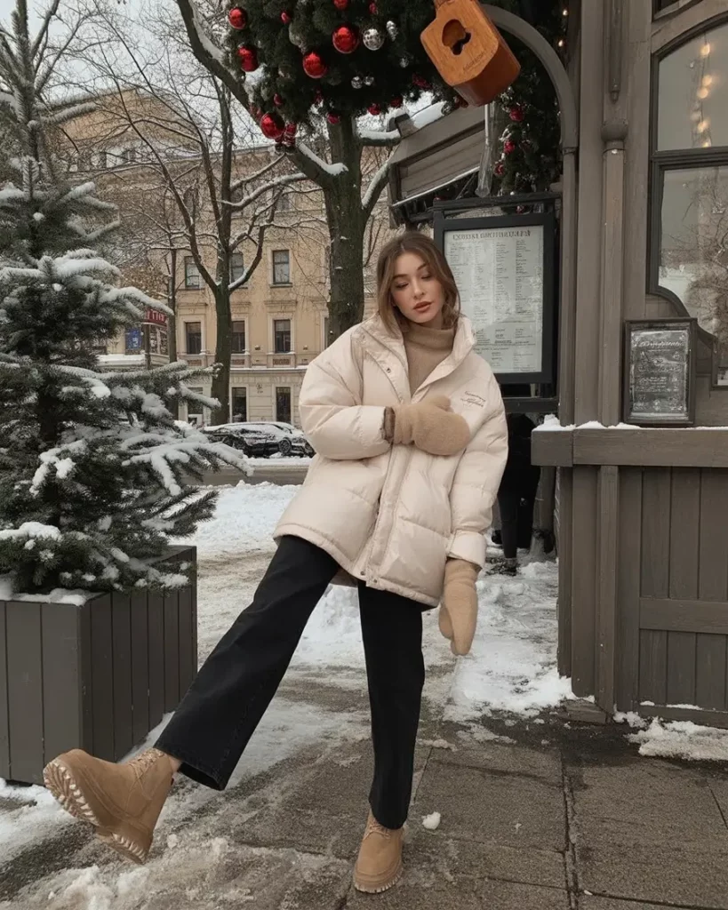 City chic cream puffer outfit with Ugg boots