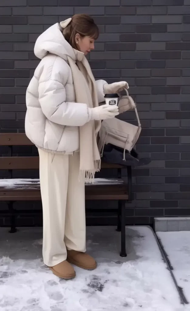 Minimalist ivory winter outfit with Ugg boots