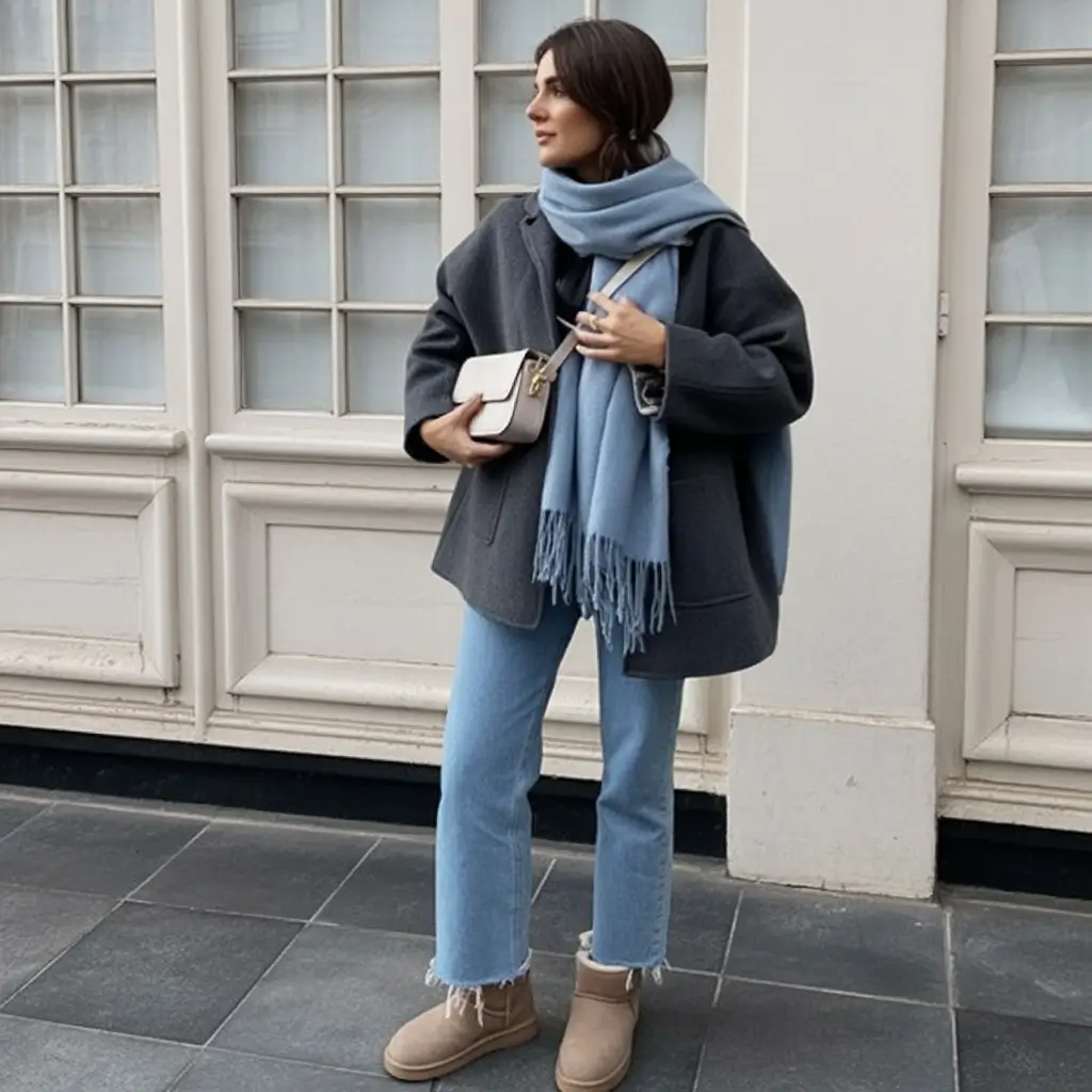 Soft blue scarf winter outfit with Ugg boots