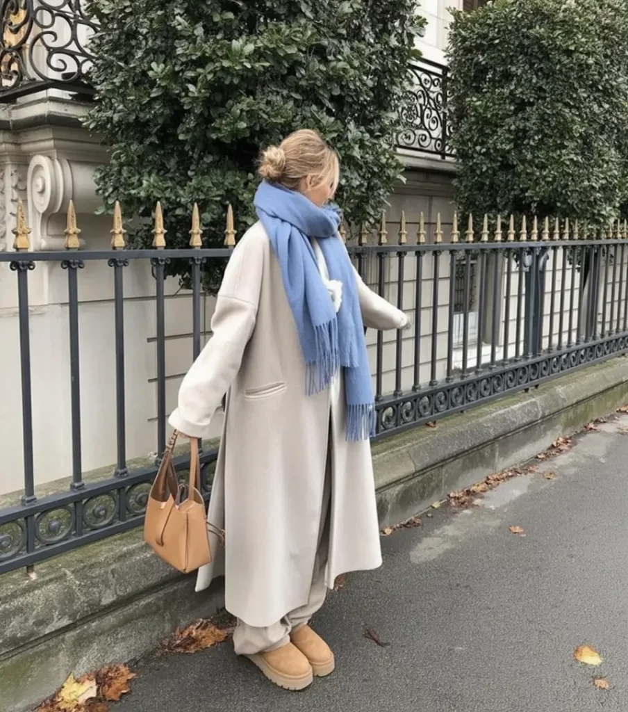 Beige and blue winter outfit with Ugg boots