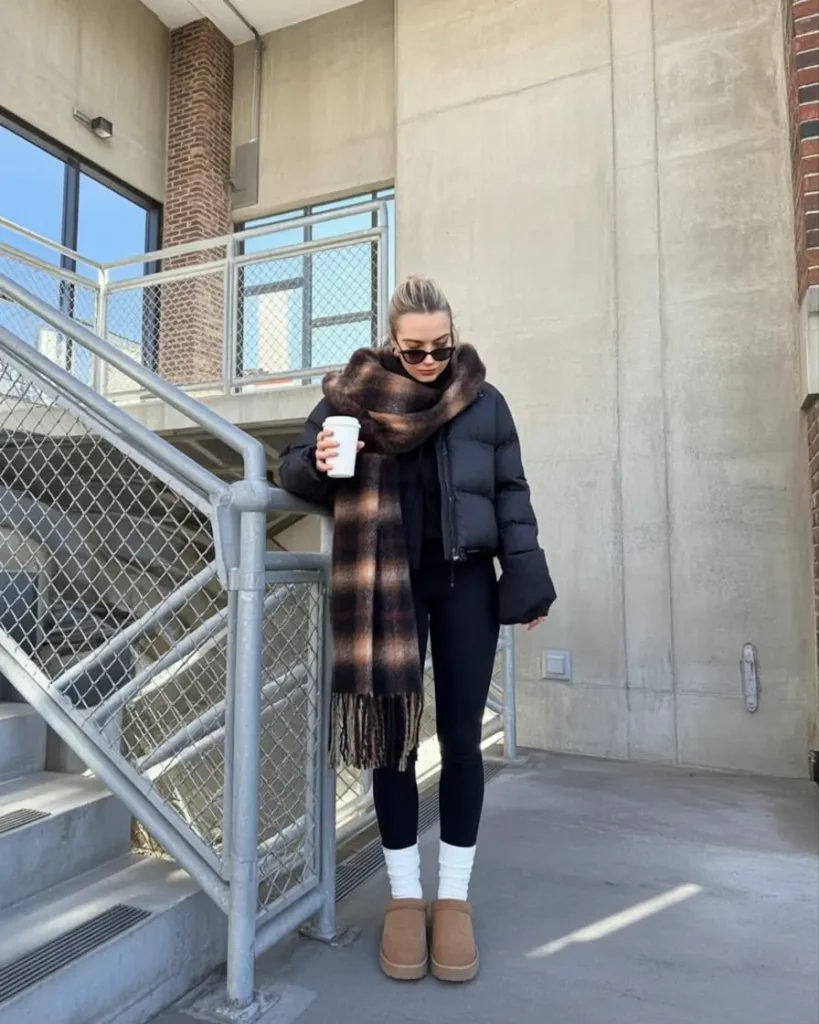 Black puffer winter outfit with Ugg boots