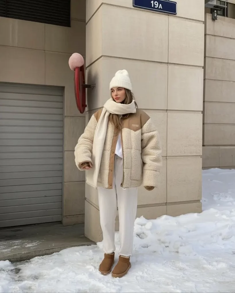 Layered neutrals winter outfit with Ugg boots