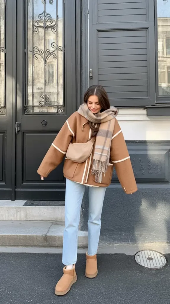 Camel coat and plaid scarf outfit with Ugg boots