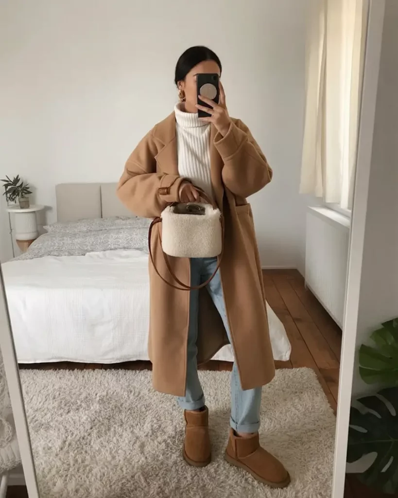 Camel coat and Ugg boots winter look