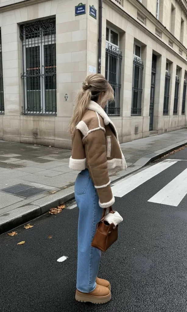 Shearling jacket and platform Ugg boots
