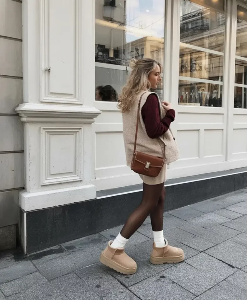 Shearling vest and skirt with Ugg boots