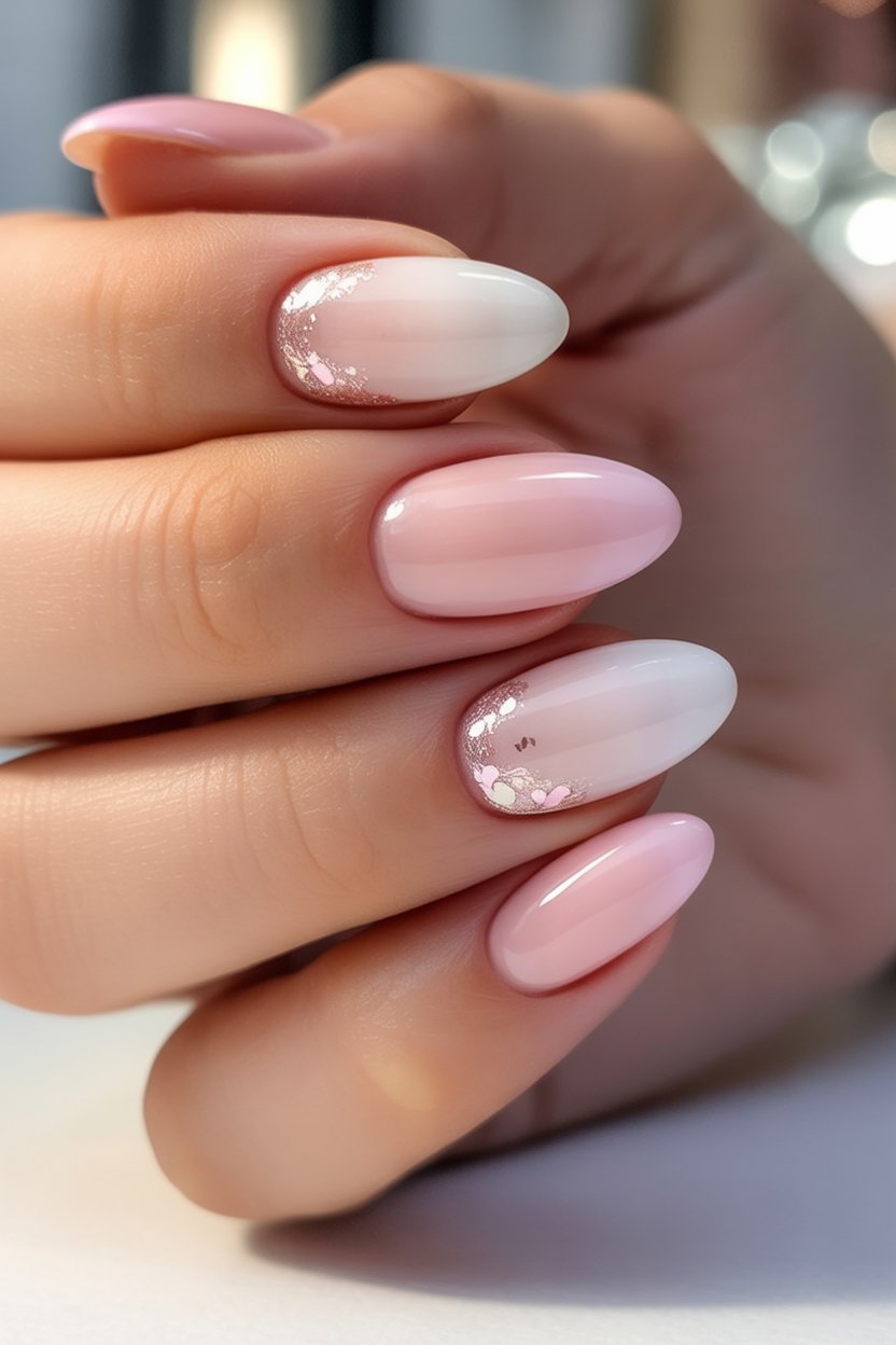 Pink And White Ombre Almond Nails With Shimmer