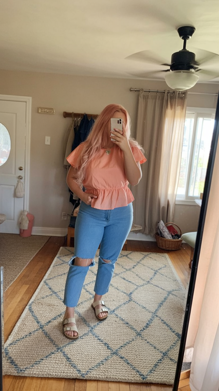 Peach peplum top with light denim