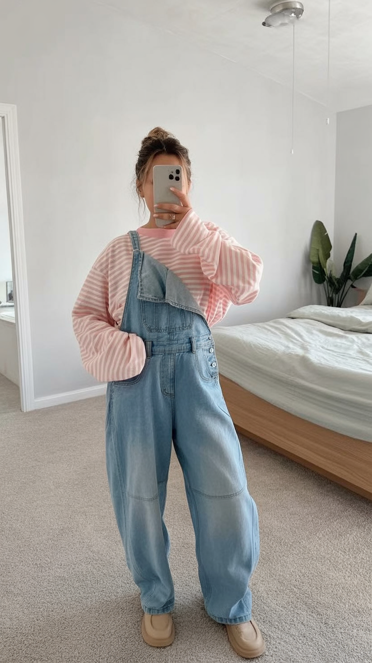 Denim Overalls with Stripe Top