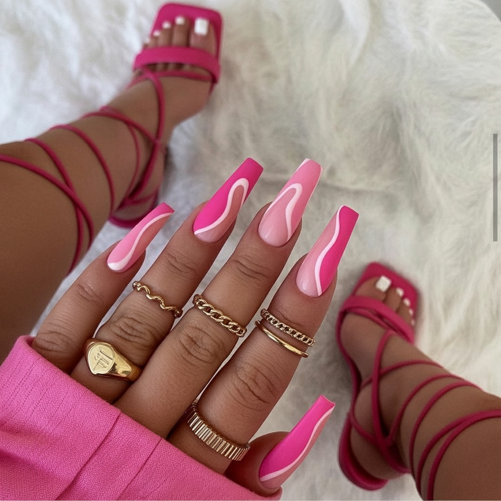 Hot Pink Wave Ballerina Nails