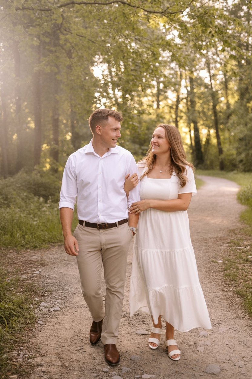 Neutral toned country walk engagement outfit