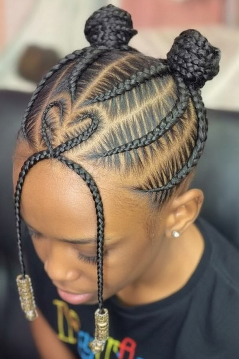 Heart-shaped cornrow with front braided tendrils